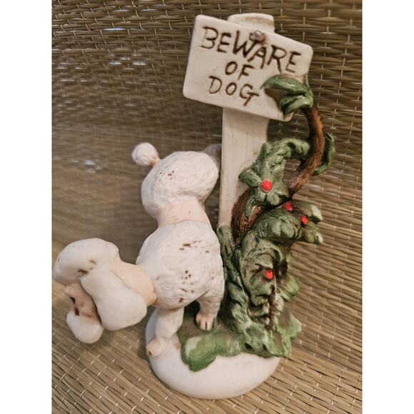 Vintage Enesco Poodle Figurine Urinating On Beware Of Dog Sign HTF - Picture 1 of 6